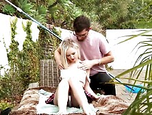 Young petite blonde is stretched out by the pool boy