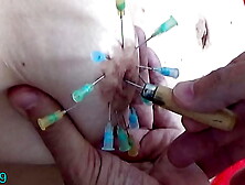 Extreme BDSM Tied Slut pierced, Injection Saline in Tit and Snatch