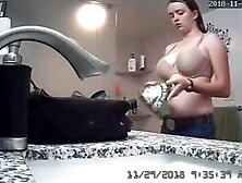 Sister with big swinging tits getting in and out o