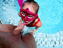 Little Wench Sucks Shlong, Deepthroat in a Swimming Pool with Ribald Facial