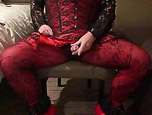 Crossdresser Cums In Red And Black Outfit