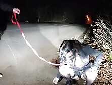 Piss Whore In Dog Collar Receives Golden Shower And Hot Cum In Her Mouth In A Public Road Interrupted By Traffic