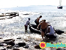 Small melons blonde enjoys butt-sex group sex at the beach