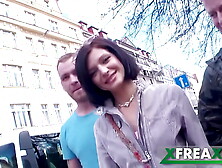 Ukrainian chick Lina Arian gets warmed up in a park and taken home by three dudes for a gang bang