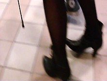 Candid Long Legs In Pantyhose And Boots At Mc Donalds