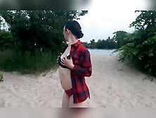 Brunette Amateur With Small Tits Shows Pussy On Public Beach