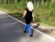 Flashing On The Street In Blue Pantyhose