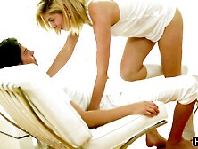 Perky Tits Blonde In White Socks And Undies Gagging On Hard Cock On The Chair Before Being Pussy Fucked On The Floor