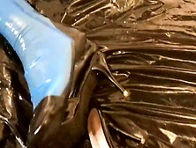 Blue Rubber Tights and High Heel Mules