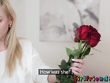 Girlfriends Brunette Hair Surprises Golden-Haired With Flowers And Thong