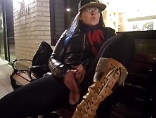 MILF Mastrubates on Public Bench in Front of Hotel Lobby Window