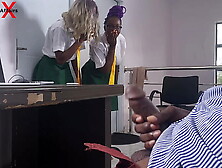 college whores caught the monstrous rod teacher jerking off in his office then get their tight snatch poked as they squirt all o