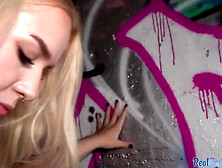 Pulled european shows her tits and rides cock under a bridge