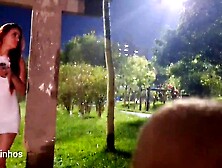 Risky masturbation with a pretty redhead at the bus stop!