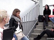 2 Czech beauties are taking turns sucking a random punk hard weenie and riding it for money