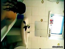 Latina step sister showers with the door open