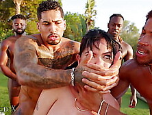 Outdoor Gangbang 9 Guys Fuck Latina Slut in Lingerie with Anal and DP