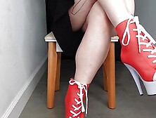 Leg Cross Ignore In Red And White Lace Up Ankle Boots