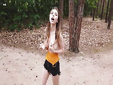 Thin Whore With Large Breasts Undresses In The Woods