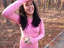 Naughty amateur babe is sucking stranger's cock inside the forest