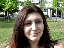 Enchanting large tits brunette hair sprayed on her bazookas