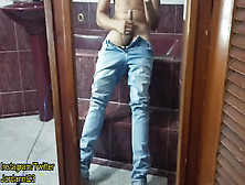 Horny Latino Jerking Off His Thick Cock In The Bathroom Mirror