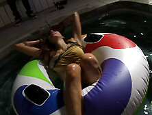 Brunette girl fucking with a friend after taking a late night swim in the pool