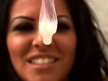 Brunette mom drink cum from condom