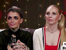 Inked lezdom whips feet of blindfolded GF after casting