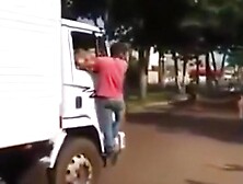 Naked curvy woman on the front of a big truck