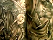 Tattooed straight jock strokes his cock solo and blows