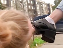 Blonde Lezdom Gets Her Feet In Stinky Socks Worshiped By A Female Slav