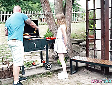 Hot Summer BBQ - Maya Gets Her First Outdoor Threesome