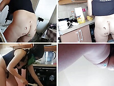 Naked brunette wifey Pinkymadame with a hairy pussy and big tits gets busy in the kitchen