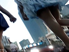 Upskirt - Hot Brunette in Blue Dress