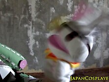 Bluehair cosplay babe in uniform jerks