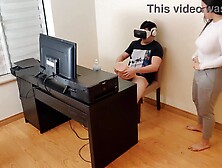 Sexy stepmom masturbates next to son's ally as that guy watches porn with virtual reality glasses glasses