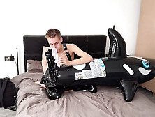 Skinny Looner Twink In Leather Pants And Harness Playing With His Inflatable Orca Toy