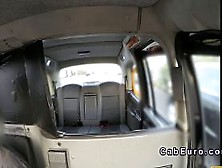 Petite blonde in stockings bangs in a fake taxi