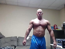 Bald Bodybuilder Flex,  Work Out,  And Jerk Off