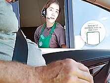Teen barista gazing hard at drive-thru cock bulge