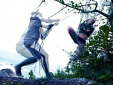 TATTOO piercing dreadhead slut gets tied up by LILY LU on public beach - kinbaku, shibari, bondage