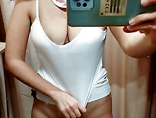 Sexy brunette amateur Ms tries on pantyhose with her big tits and big ass,  showing off her hairy pussy