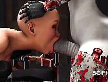 A cute bald fresh beauty gets slammed by a sex cyborg in the dungeon