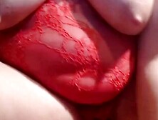 Anal stretching and squirt doggy close up inside red panties