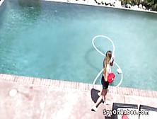 Spied busty teen banged at outdoor pool