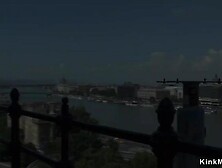 Brunette teen gangbanged in public bar