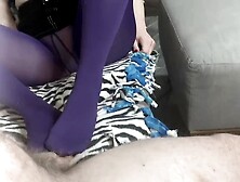 Dreamy foot job tease in purple opaque tights