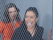 Locked Up And Horned Up - busty ebony Kira Noir ass fucking shemale babe with strapon in jail