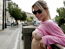 Beautiful blonde exhibitionist flashing in public